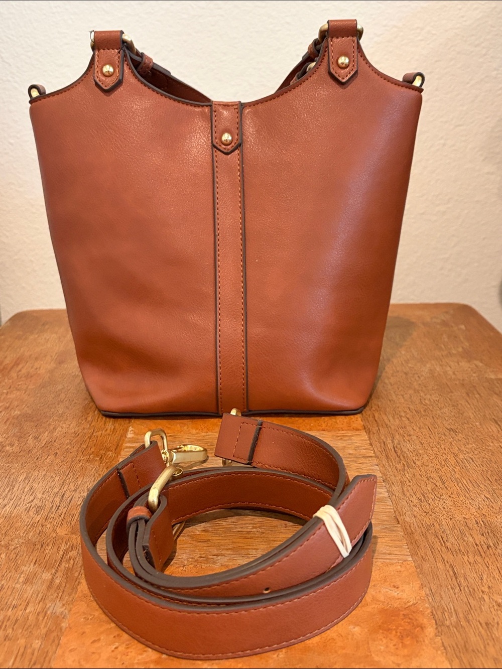 Classic Brown Faux Leather Bucket Bag with Detachable Strap